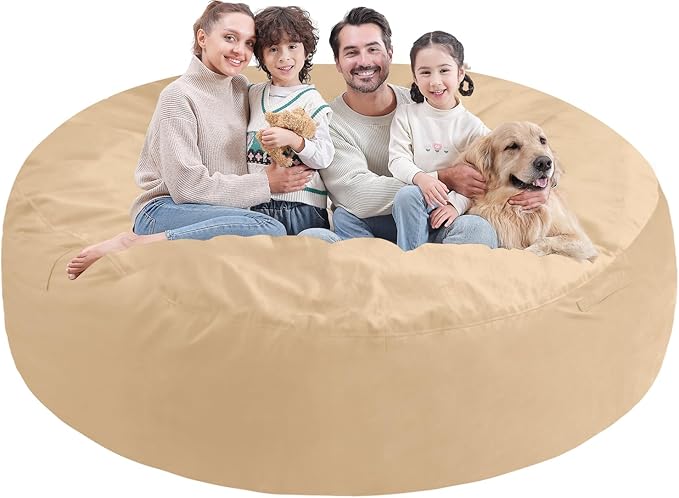 7FT Bean Bag Chair, Large Bean Bag Chairs with Memory Foam Filled, Fluffy Beanbag Sofa with Dutch Velvet Cover, Round BeanBag Chairs for Living Room, Playroom - Khaki