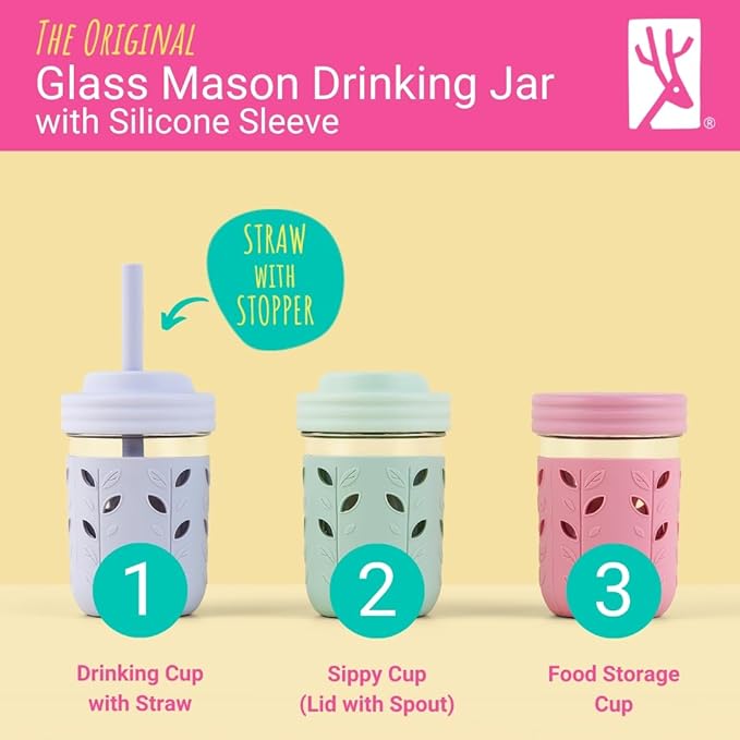 Elk and Friends Kids & Toddler Cups | The Original Glass Mason jars 8 oz with Silicone Straws with Stoppers | Smoothie Cups | Spill Proof Sippy Cups for Toddlers | 4 Pack