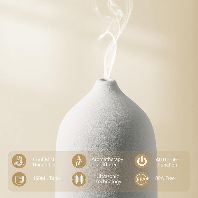 Diffuserlove Ceramic Essential Oil Diffuser for Room, Home, Bedroom - Aromatherapy Air Diffuser With Yellow Wood Pattern Base