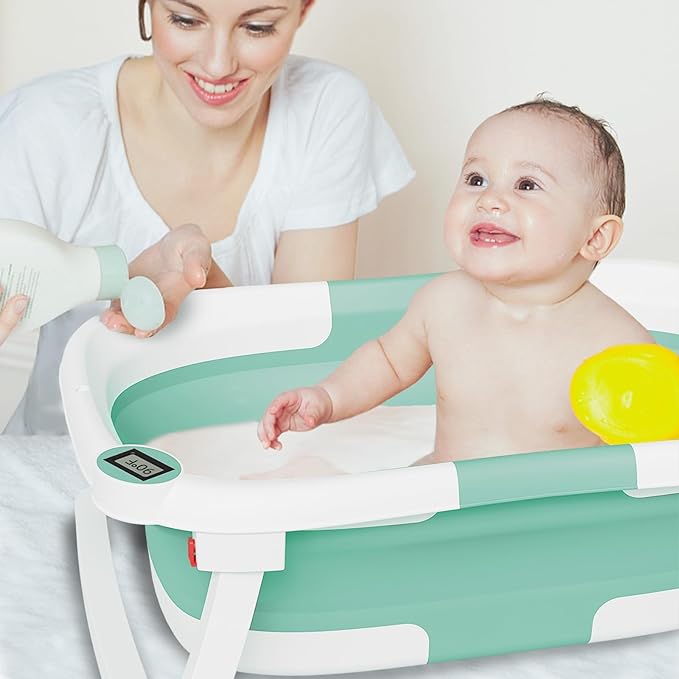 Collapsible Baby Bathtub,Baby Bath Tub with Soft Cushion & Thermometer,Baby Bathtub Newborn to Toddler 0-36 Months,Portable Travel Baby Tub