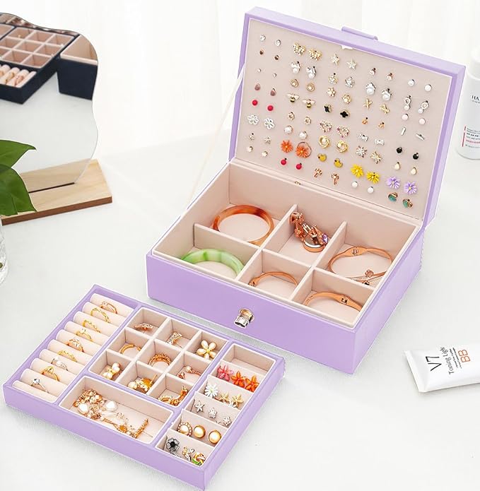 Girls Jewelry Box Earring Holder Organizer for Girls Earring Organizer Teen Jewelry Box Organizer for Girls Purple jewelry Boxes for Earrings Necklaces Rings Stud Earrings Box Organizers Teens