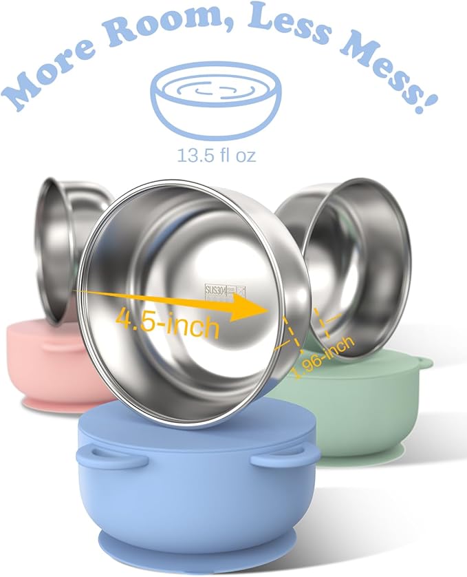 Baby Suction Bowls with Lids 4-Pack, 2-in-1 Stainless Steel 304 Toddler Bowl & Removable Silicone Suction Kids Bowl Plate Set Non Toxic Snack Dishes for Self-Feeding, Sunrise Meadow