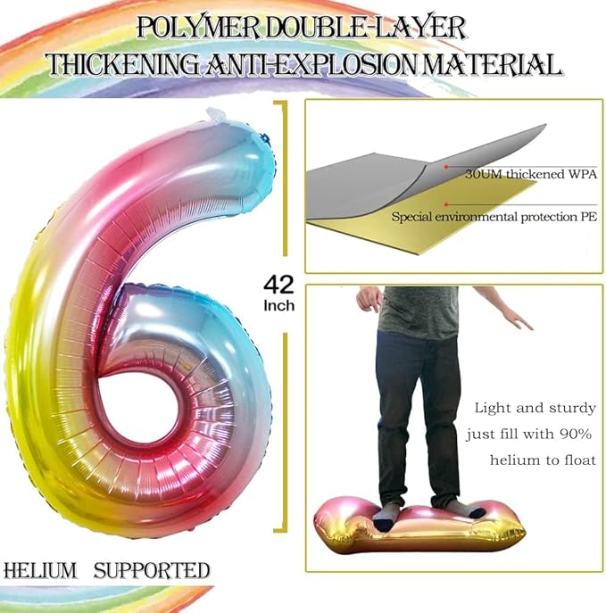 GOER Rainbow Foil Balloons Number 6,Huge Number Balloons for 6th Birthday Party Supplies Anniversary Decorations (3 pcs,42 inch,32 inch,16inch)