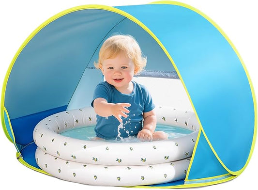 Baby Beach Tent Canopy: with Inflatable Kiddie Swimming Pool Toys - UPF50+ UV Protection Pop Up Sun Shelter Tent & Small Pool - Beach Essentials for Infant Toddlers