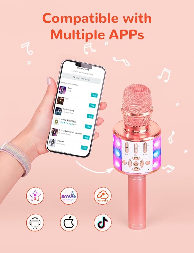 Amazmic Karaoke Microphone for Adults, Wireless Bluetooth Microphone for Singing Portable Karaoke Machine Handheld with LED Lights, Gift for Kids Adults Birthday Party, Home KTV(Rose Gold)