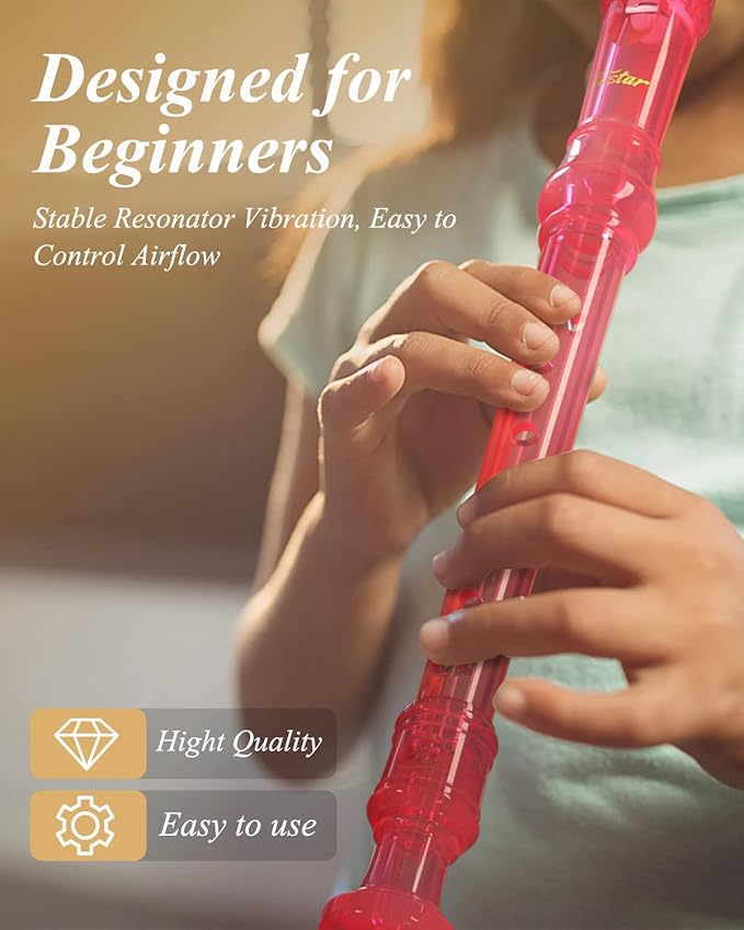 Eastar Soprano Recorder Instrument for Kids Students Beginners, German fingering C Key with Cleaning Kit, Storage Bag, Fingering Chart, ERS-1GP, Pink, School-Approved