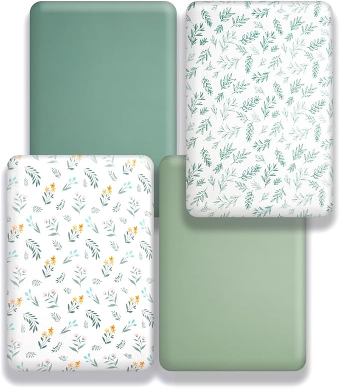 4 Pack Sage Green Fitted Nursery Sheets Breathable Neutral Unisex Baby Sheets for Boys or Girls with Leaf and Flower Design Standard Crib Sheet (Green, Crib Sheet)