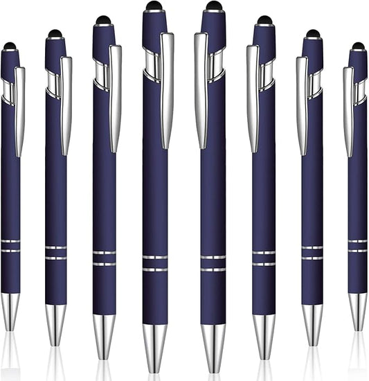 8 Pieces Ballpoint Pen with Stylus Tip Black Ink 2 in 1 Stylus Metal 1.0 mm Medium Point Smooth Pen Rainbow Colorful Rubberized Ballpoint for Touch Screen Tablet(Dark Blue)
