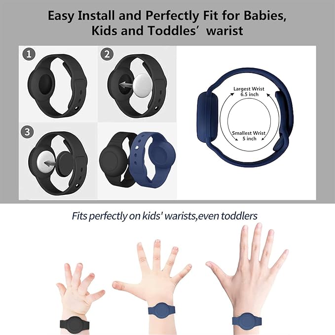 2 Pack Waterproof Airtag Wristband Kids - Anti-Lost Silicone Airtag Holder Cases for Toddler - GPS Tracker Watch Band (Black+Blue)