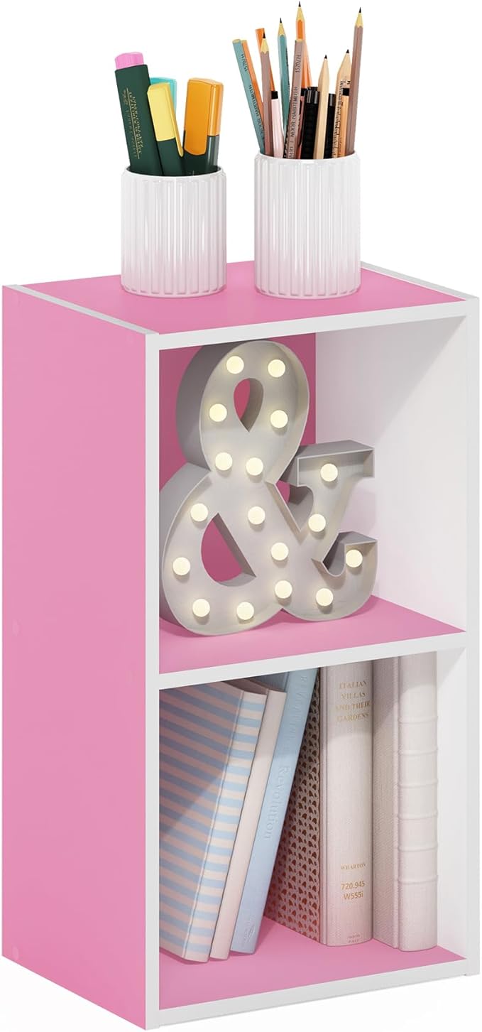Furinno Luder Bookcase / Book / Storage, 2-Tier Cube, Pink/White
