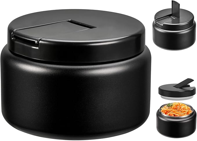 13.5oz Kids Jar for Hot Food, Insulated Vacuum Food Jar with Buckle Lid, Stainless Steel Wide Mouth Leak Proof Insulated Lunch Container for School Picnic Travel, Black