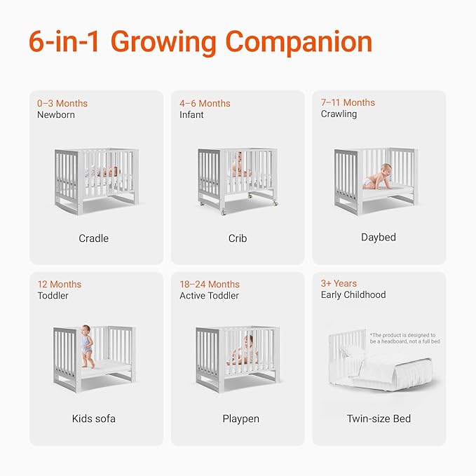 EvoNest Baby Crib, 6 in 1 Convertible Mini Crib with Wheels, 100% New Zealand Solid Wood Growing Bed, 4 Adjustable Mattress Height，White