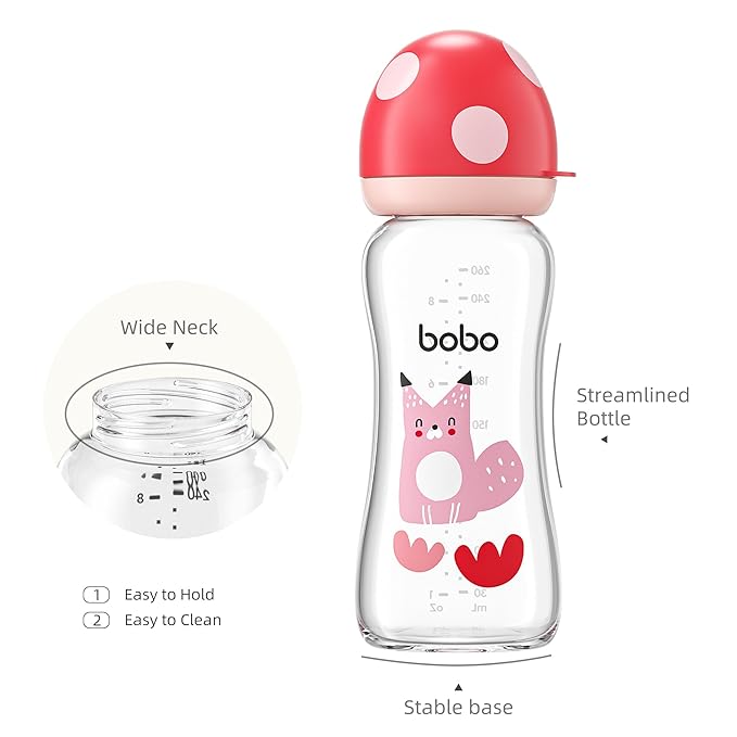 YOHKOH Natural Glass Baby Bottle with Natural Response Nipple, Newborn Anti-Colic Baby Bottles, Wide Neck Mushroom Cap Baby Bottle, Clear (8.8ounce (Pack of 2), Multicolour2)