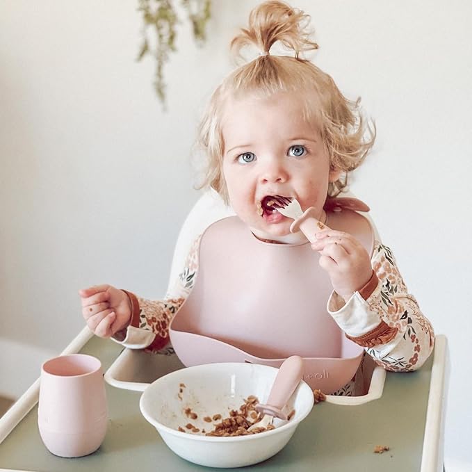 Ali+Oli Spoon & Fork Learning Set for Toddlers (Powder Pink) 6m+ Grab Easy BPA Free Food-Grade Silicone Handle, Kids Silverware Self Feeding Baby Utensil, Multi-stage Baby Feeding Set Ergonomic Design