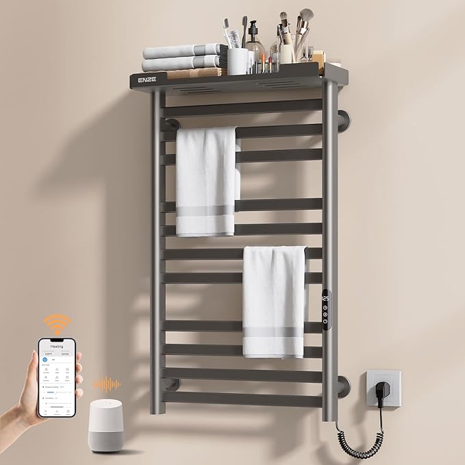 ENZE Heated Towel Rack with Shelf and Wi-Fi App Control, 11 Bars Electric Wall Mounted Towel Warmer with Timer & Adjustable Temperature, Low Carbon Steel, Plug-in/Hardwired, Gray