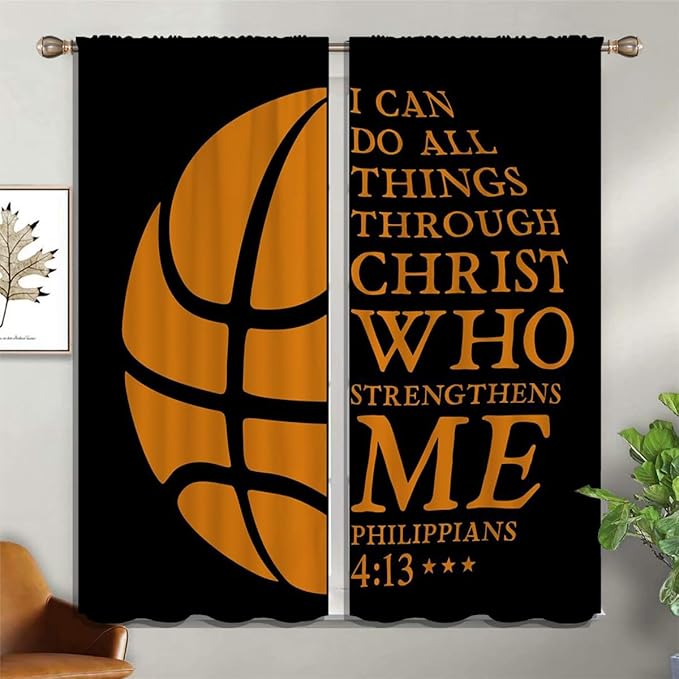 Basketball Blackout Curtains for Boy Girl Room Darkening Decor,Sport Theme and Motto Dark Background Bedroom Living Room Home Rod Pocket Thermal Insulated Window Curtain/Drapes Panel,84x72 Inch…