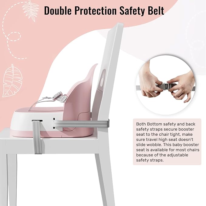 Baby Booster Seats, Toddler Booster Seat for Dining Table with Adjustable Straps, Portable Compact Portable Baby Chair for Dining and Travel (Pink)