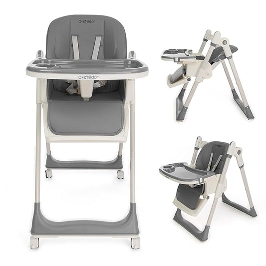3-in-1 Foldable High Chair for Babies & Toddlers – Adjustable Height, Reclining Seat, 5-Point Safety Harness, Removable Tray, Lockable Wheels, Washable Cushion – Portable & Easy Clean, Grey