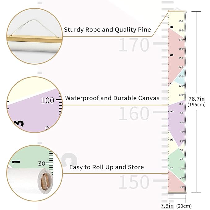 Growth Chart Wall Hanging, Portable Kids Wall Ruler Removable Height Measure Chart for Boys Girls Growth Ruler from Baby to Adult for Child's Room Decoration 79''7.9'' (Pink)