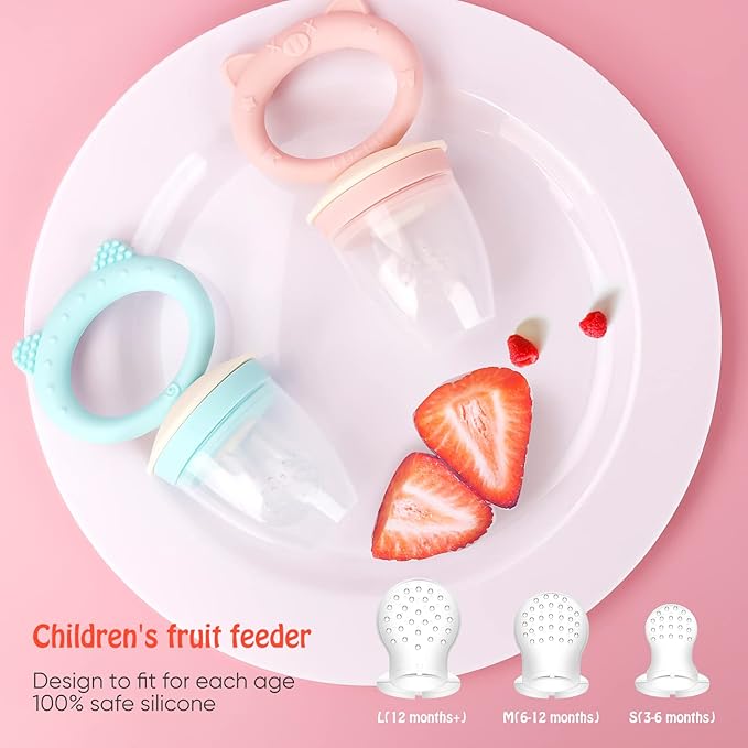 Baby Solids/Frozen Fruit Feeder Pacifier, Infant Teether Toy 4M+, BPA-Free Silicone Pouch & Nipple, Safely Introduce Solids, Teething Relief, 2-Pack (Pig Lulu - Blue Pink, S/M/L)