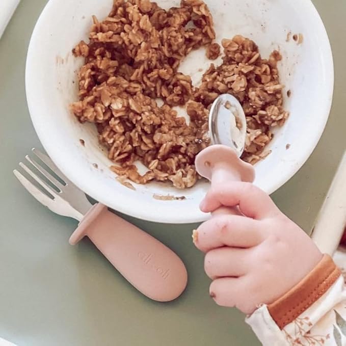 Ali+Oli Spoon & Fork Learning Set for Toddlers (Powder Blue) 6m+ Grab Easy BPA Free Food-Grade Silicone Handle, Kids Silverware Self Feeding Baby Utensil, Multi-stage Baby Feeding Set Ergonomic Design