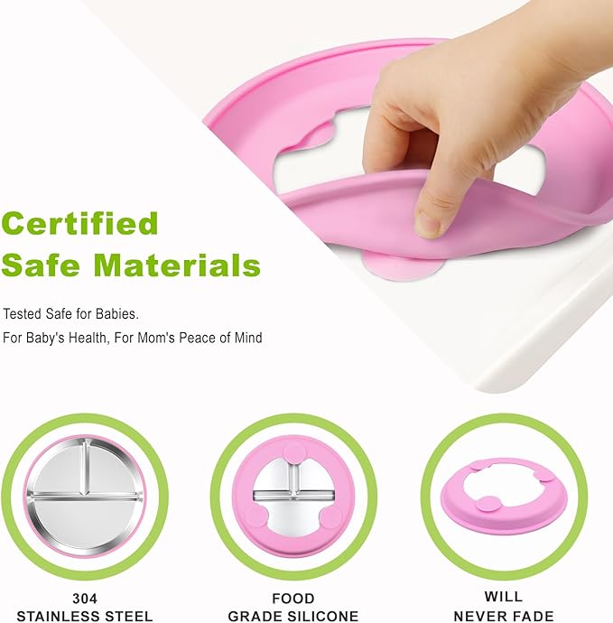 3-Pack Stainless Steel Baby Plates with Suction, BPA-Free Stainless Steel Kids Plates, 9" Divided Toddler Plate for Dishwasher Safe, Non-Slip Silicone Base, Detachable (Pink, Gray, Purple)