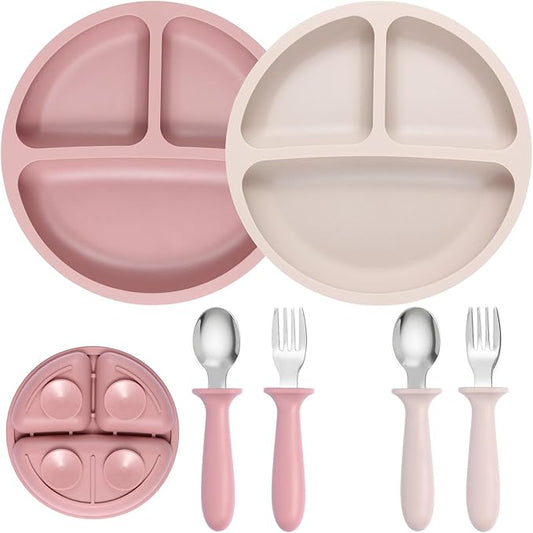 2 Pack Silicone Divided Baby Plates with Suction, 2 Pack Toddler Forks and Spoons Set, BPA Free, Baby Feeding Set for Toddler Utensils, Microwave and Dishwasher Safe