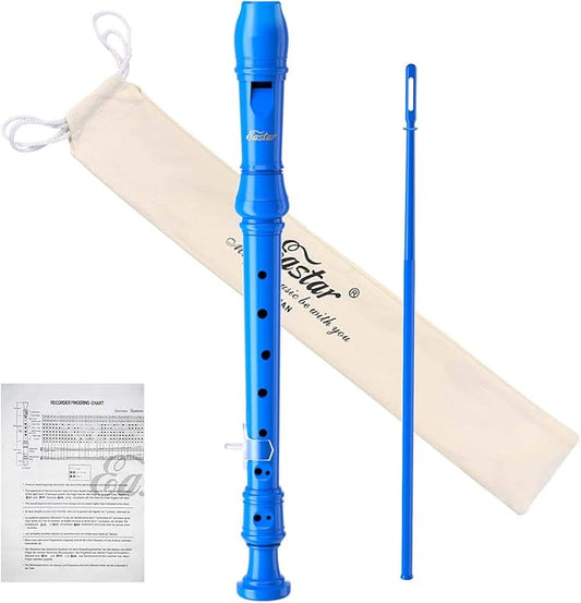 Eastar Soprano Recorder Instrument for Kids Beginners, German Fingering C Key with Cleaning Kit, Thumb Rest, Cotton Bag, Fingering Chart, ERS-21GB, Blue, School-Approved