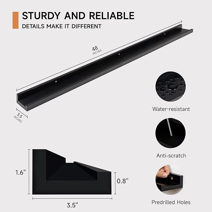 Fun Memories Picture Ledge Shelf, 48 Inch Floating Shelves Set of 2, Large Nursery Book Shelves for Toys Storage, Kids Bookshelf Wall Mounted for Wall Decor Books Photo Frames, Black