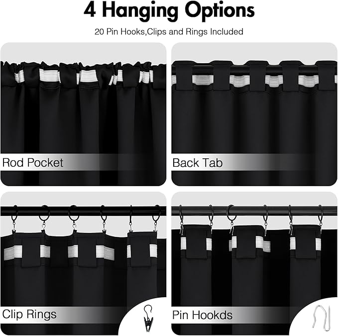 ANRODUO Back Tab Blackout Curtains for Bedroom Living Room, Rod Pocket Pinch Pleated Thermal Insulated Room Darkening Curtains 84 Inches Long 2 Panels, Black, 42 x 84 Inch