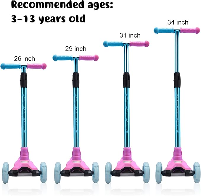 3 Wheel Scooter for Kids Ages 6-12,Kids Scooter with Light Up Wheels, Sturdy Deck Design, and 4 Height Adjustable Suitable for Kid Ages 3-12