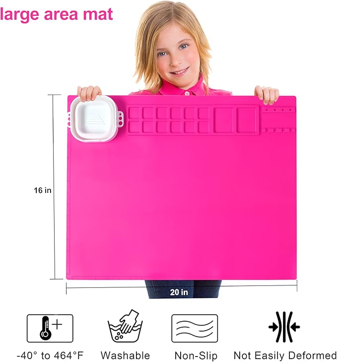 AWOKE Silicone Painting Mat - 20"X16" Silicone Art Mat with 1 Water Cup for Kids - Craft Mat has12 Color Dividers - 2 Paint Dividers (Rose)