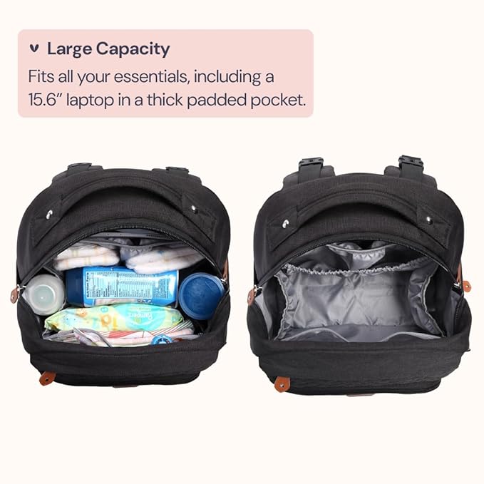 BabbleRoo Diaper Bag Backpack, Travel Backpack with Changing Pad, Pacifier Case & Stroller Straps, Multifunction, Waterproof, Unisex – Black