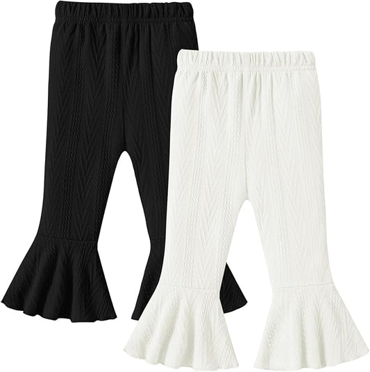 2 Pack Toddler Baby Girl Pants Flare Leggings Ribbed Knit Newborn Bell Bottoms Solid Ruffle Infant Pants for Girls