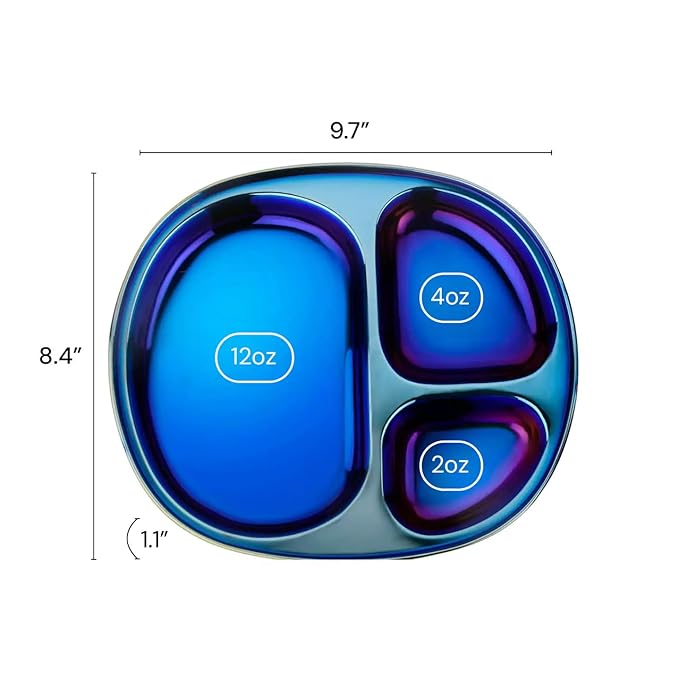 Ahimsa Stainless Steel Plates for Kids - Divided Plates for Toddlers, Pediatrician Designed, Non Toxic Toddler Plate, BPA Free & Dishwasher Safe (Blue Set of 4)