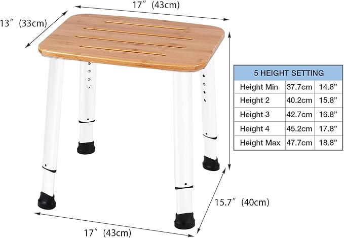 Bathroom Shower Bench Bath Stool Bathtub Seat Spa Chair Foot Rest Step, Height Adjustable Lightweight Waterproof and Rustproof, Bamboo