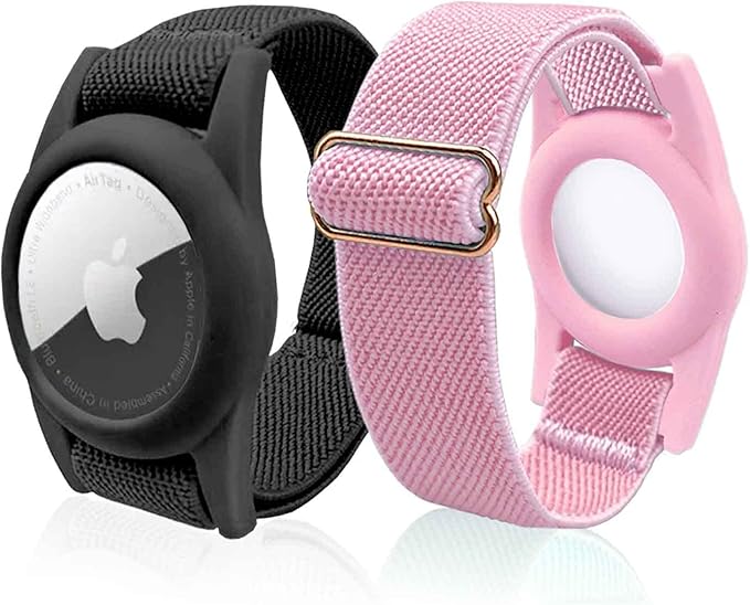 Airtag Bracelet for Kids, AirTag Holder with Adjustable Stretchy Nylon Watch Band, Anti-Lost Apple Air Tag Case Loop for Child, Toddler, Adults, Wallet, AirTag Wristband Kids (Black Pink)