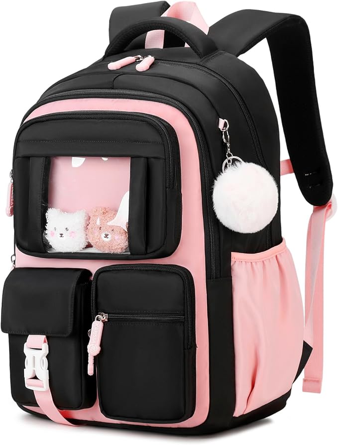 Kids Backpack for Girls School Bags for Middle School Students Book Bag for Elementary Primary Kawaii Ita Backpack, Black and Pink