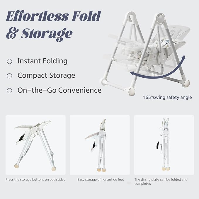 5 in 1 Baby High Chair Swings for Infants Foldable Rocking 8 Level Height Adjustment Eco Friendly Washable PU Cushion(White)