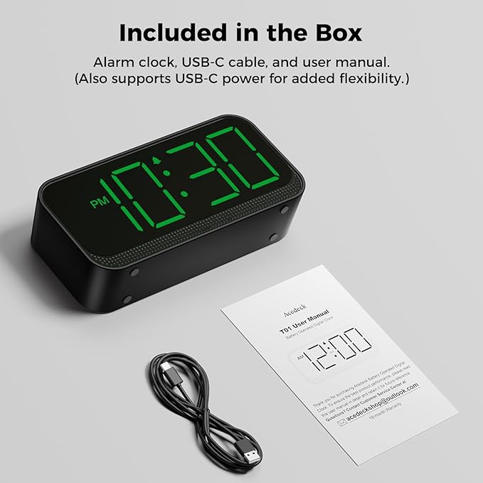 Battery Operated Digital Clock: Cordless Small Alarm Clock for Bedroom Travel - Large Numbers 4 Dimmers for All Ages Green Digits