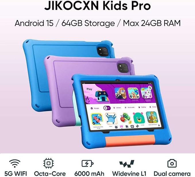 Kids Tablet, Android 15 Tablet for Kids 10 inch Octa-Core with Case, 24GB RAM 64GB ROM 1TB TF Card Expandable for Toddler Children, Parental Control, Dual Camera, BT5.0, WiFi, Gift (Purple)