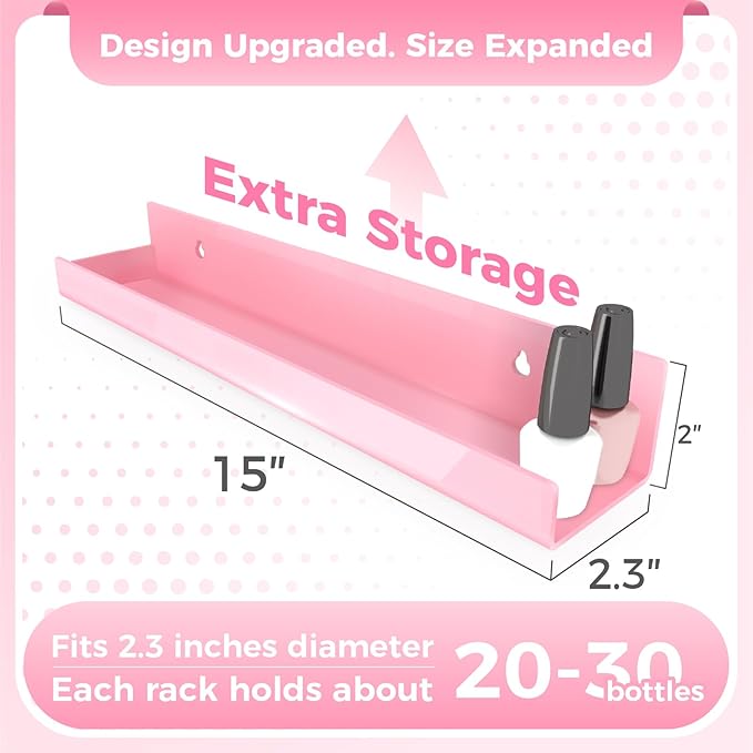 4 Pack 15 Inch Pink Acrylic Shelves, Kids Floating Bookshelf for Kids Room, Modern Nail Polish Rack Sunglasses Essential Oil Picture Ledge Display Toy Storage Wall Shelf