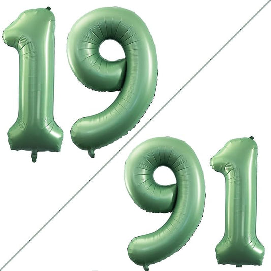 GOER Number 19 Balloons for 19th Birthday Sweet 19 Party Decorations,42 Inch Jumbo Foil Helium 91 Balloons for 91st Birthday Party Decoration (Sage Green)