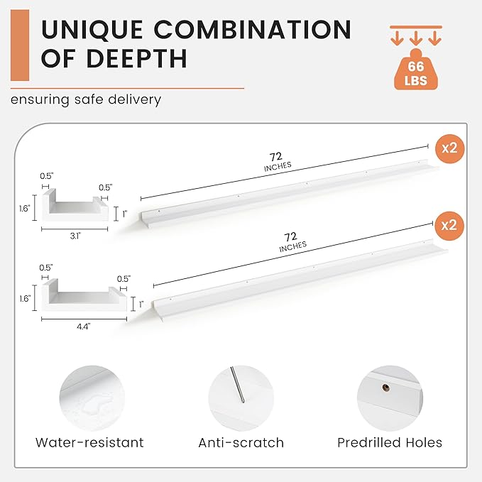 Floating Picture Ledge Shelves for Wall Set of 4, 72 Inch Wall Shelves with Lip Long Large Nursery Book Shelf for Toys Storage Kids Bookshelf Wall Mounted Living Room Bedroom Decor Frames