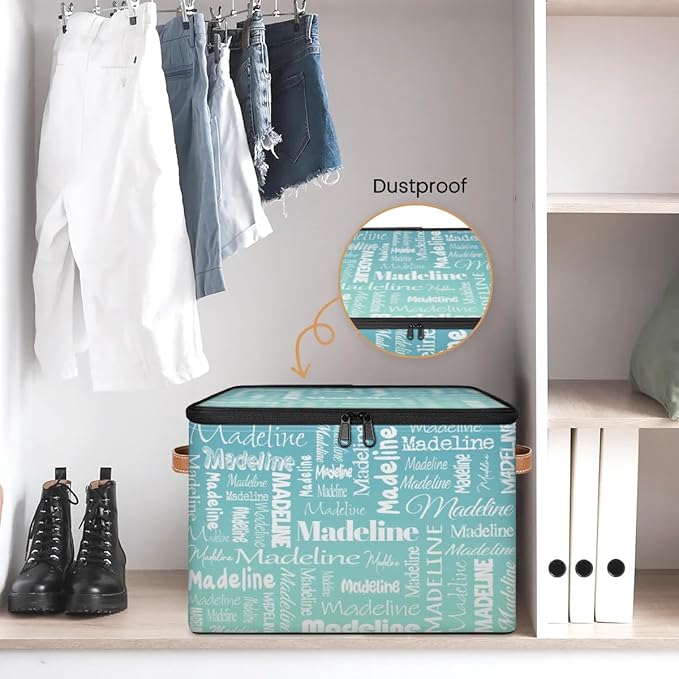 Custom Storage Basket with Name, Personalized Storage Bins with Zipper Lid, Foldable Fabric Storage Box Large capacity with Handle Grey Blue Green