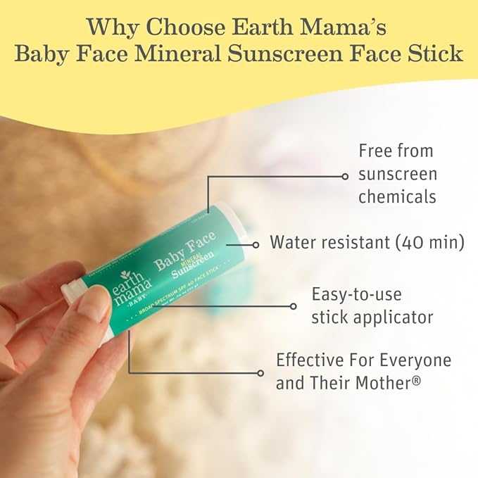 Earth Mama Baby Face Mineral Sunscreen Stick SPF 40 | Non-Nano Zinc, Contains Organic Cocoa Butter & Aloe | Babies, Kids & Family 0.74-Ounce