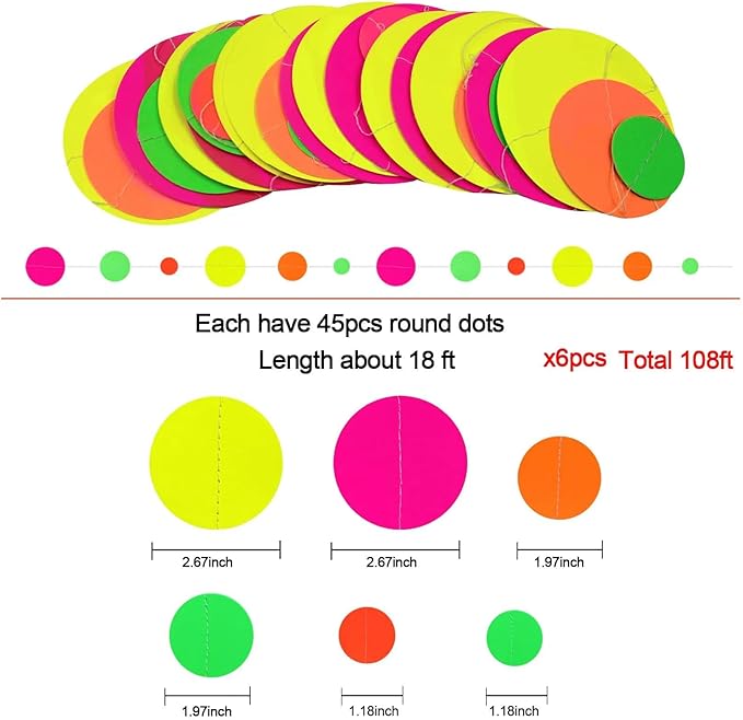 108feet Paper UV Round Dot Neon Garland Blacklight Reactive Glow in The Dark Party Supplies Streamers Glow Fluorescent Hanging Circle Dots Banners for Wedding Birthday Neon Party Decorations