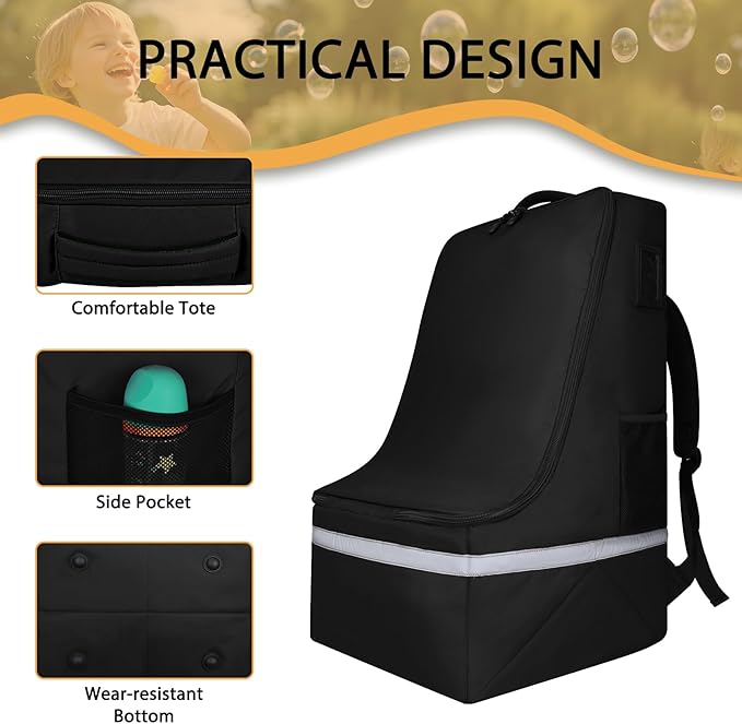 Car Seat Travel Bag for Airplane,Infant Seat Travel Bag with Shoulder Strap,Padded Car Seats Backpack with Reflective Stripes,Large Carseat Carrier Bag Travel Car Seat Cover, Black