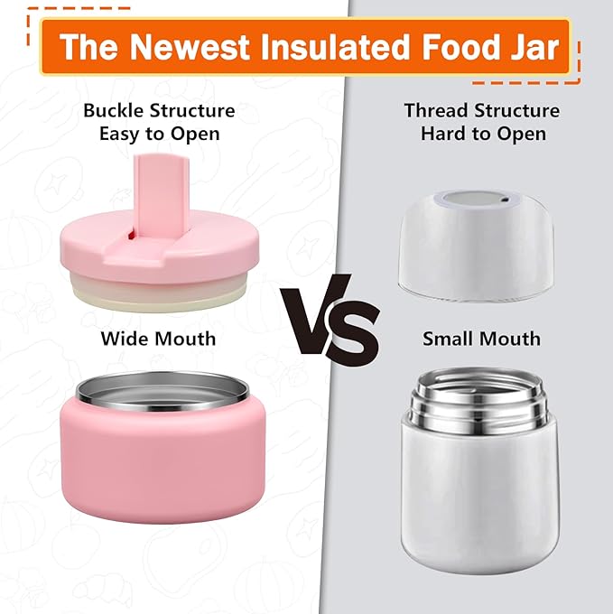 13.5oz Kids Thermos for Hot Food, Insulated Vacuum Food Jar with Buckle Lid, Stainless Steel Wide Mouth Leak Proof Insulated Lunch Container for School Picnic Travel,Pink