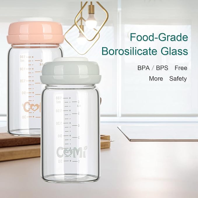 COMI Wide Neck Glass Breastmilk Collection n Storage Bottle, 6oz with Screw Ring Sealing Disk; Re-markable Sealing Disc. BPA Free, Fits Breast Pumps & Nipples (2 Pack Gray Lids)